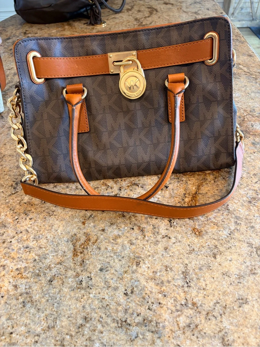 Michael Kors Brown & Tan Signature Logo Satchel with Gold Hardware
